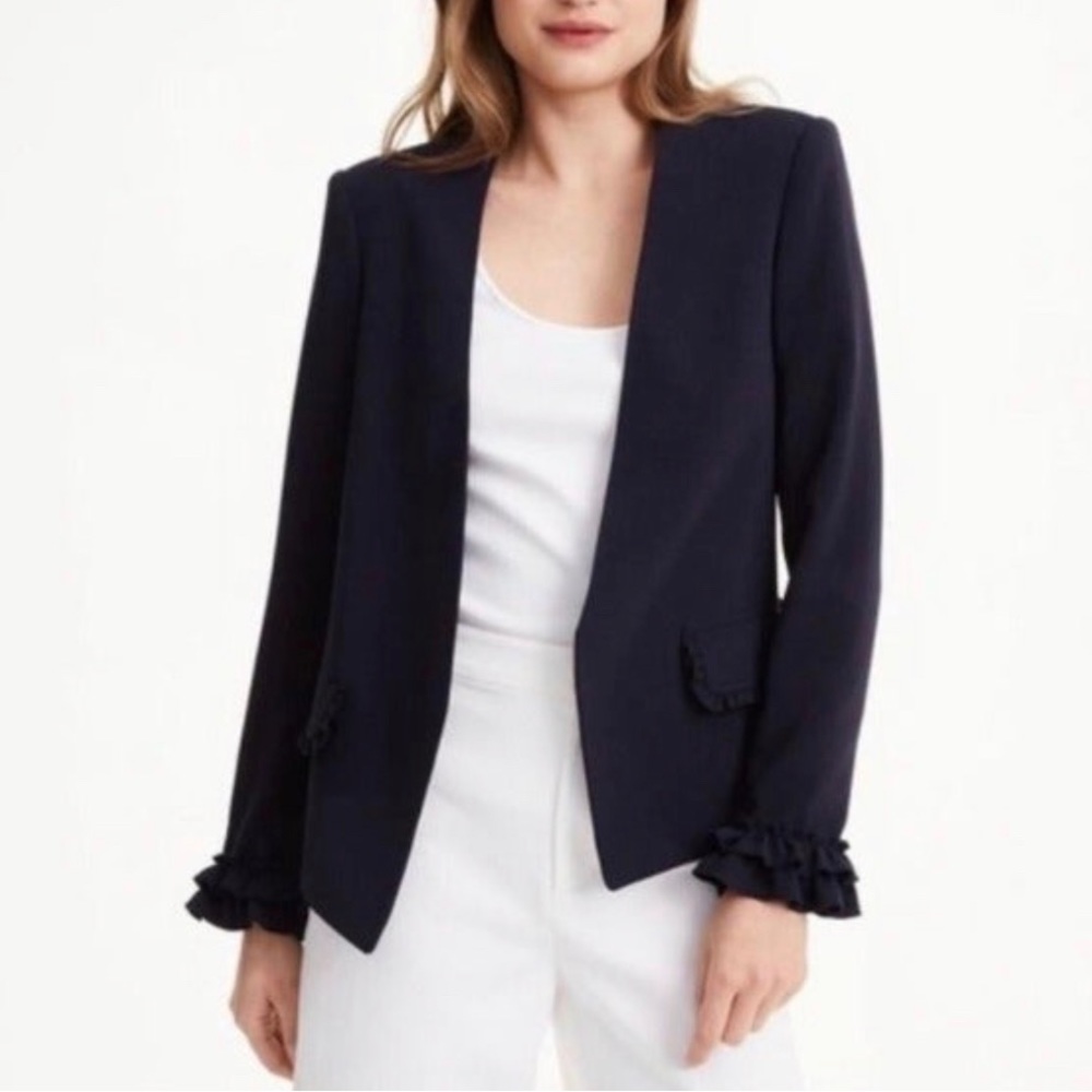 Club Monaco Fionneh Ruffled Open Blazer Jacket Women’s 4 Navy Blue